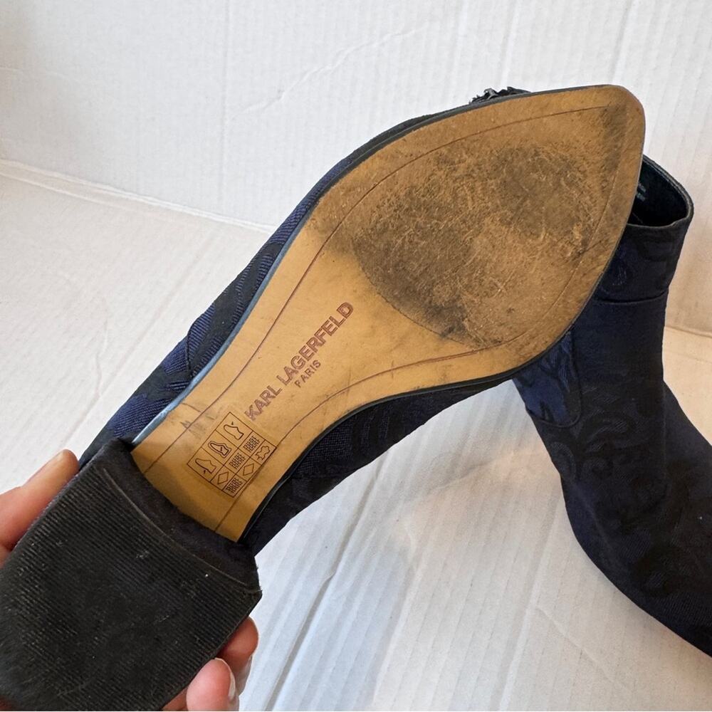 Karl Lagerfeld Blue Black Floral Fabric Ankle Boots Women’s 6.5 Fall Heeled Boot - Picture 7 of 10